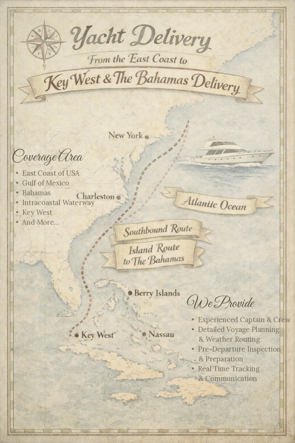 Yacht delivery route map showing coverage from East Coast to Bahamas and Gulf of Mexico